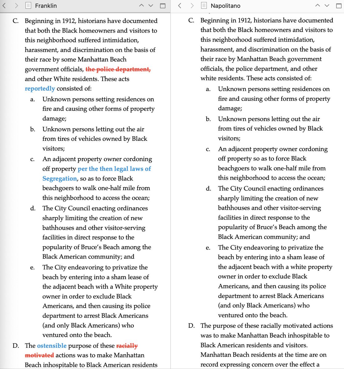 Franklin's version casts a softer focus on the city's actions, including casting doubt to racial motivations, noting that racist practices were legal, and deleting reference to racism by police.Here are some comparisons! (The left side is Franklin's — blue text is his additions)