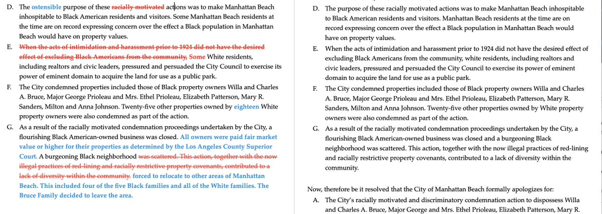 Franklin's version casts a softer focus on the city's actions, including casting doubt to racial motivations, noting that racist practices were legal, and deleting reference to racism by police.Here are some comparisons! (The left side is Franklin's — blue text is his additions)