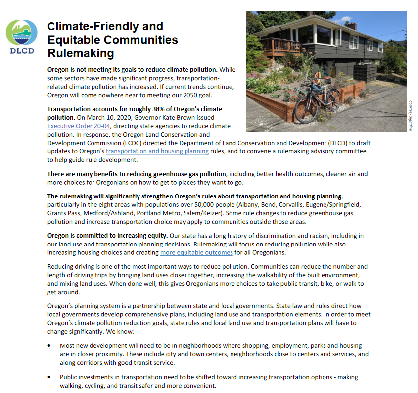 NewAmericanPla1's tweet photo. It's notable that OR DLCD's climate one-pager on climate/reducing driving doesn't mention the land uses which have the biggest impact on how much people drive: roads &amp; parking. 

It's the #streetlighteffect in action--fumbling for solutions in the wrong places.

#orpol #orleg https://t.co/7scuzleiAd