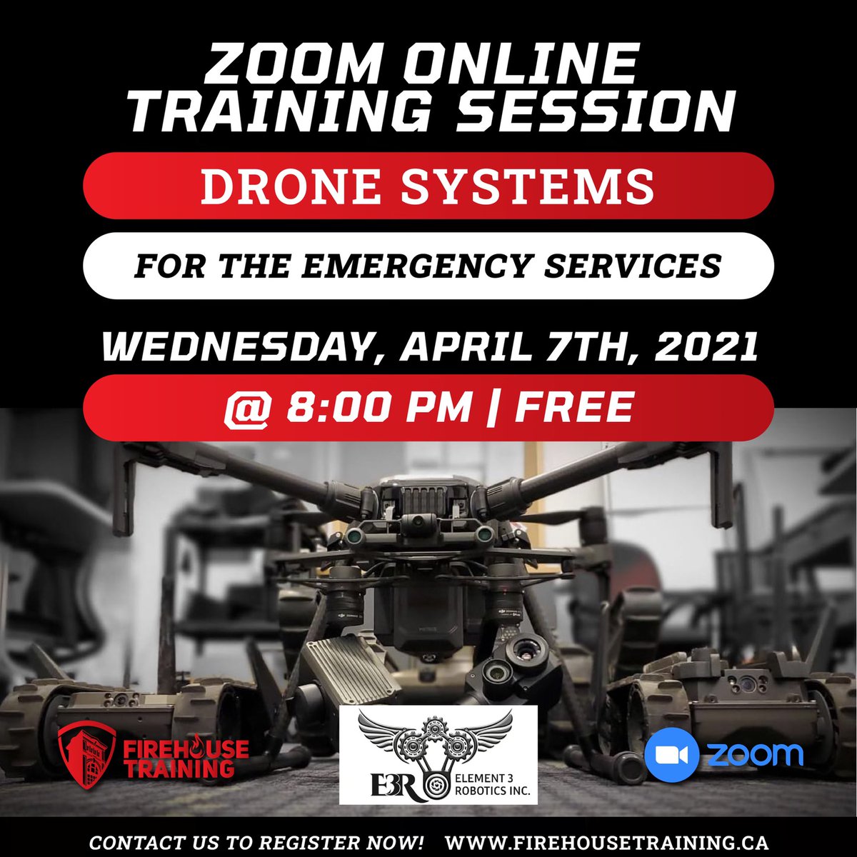 FirehouseTrain1's tweet photo. See you all tomorrow night for our Free Weekly Fire Service Zoom training event on Drone Fundamentals for the Fire Service with @element3roboti1 ! Tune in at 8pm!๐ฆ ๐๐ผโโ๏ธ๐จ๐ปโ๐ป#samebattimesamebatchannel https://t.co/zzLWxtISCk
