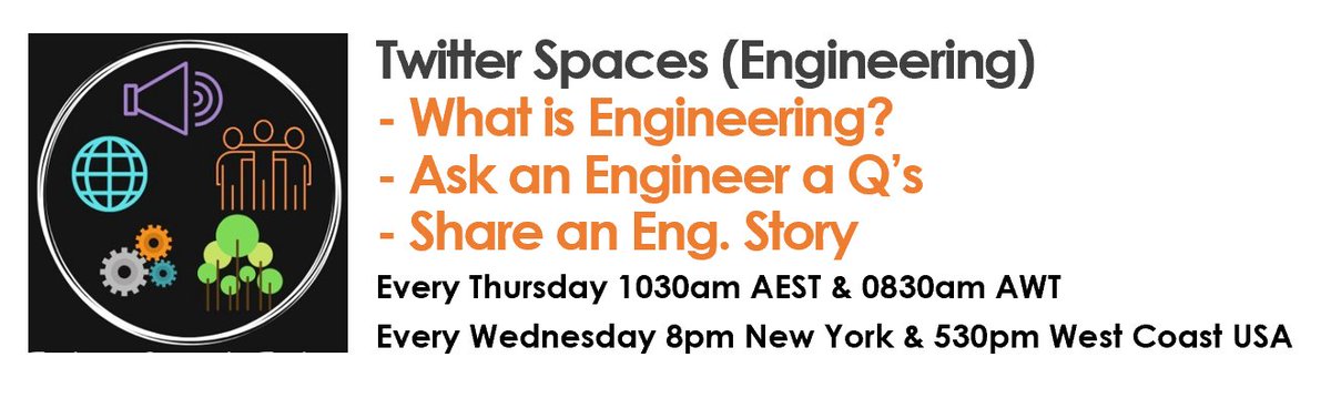 ereharrison's tweet image. Ever want to discuss what #engineering is or what an #engineer does? 

This is your chance if you tune in every Thursday morning (Australia time) or Wednesday evening (Americas/Canada) on @TwitterSpaces 
@ABatteryofEngs @EngAustralia @EngineersNZ @EngineersCanada @BPEQld