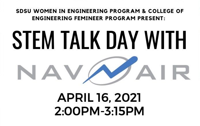 Check out <a href="/SDSU_WE/">SDSU Women in Engineering</a> Spring #STEM Talk with <a href="/NAVAIRNews/">NAVAIR</a> engineers on 4/16. Registration is required and there are still spots available! Sign up here: bit.ly/3dJj3dE. #lovestemsd