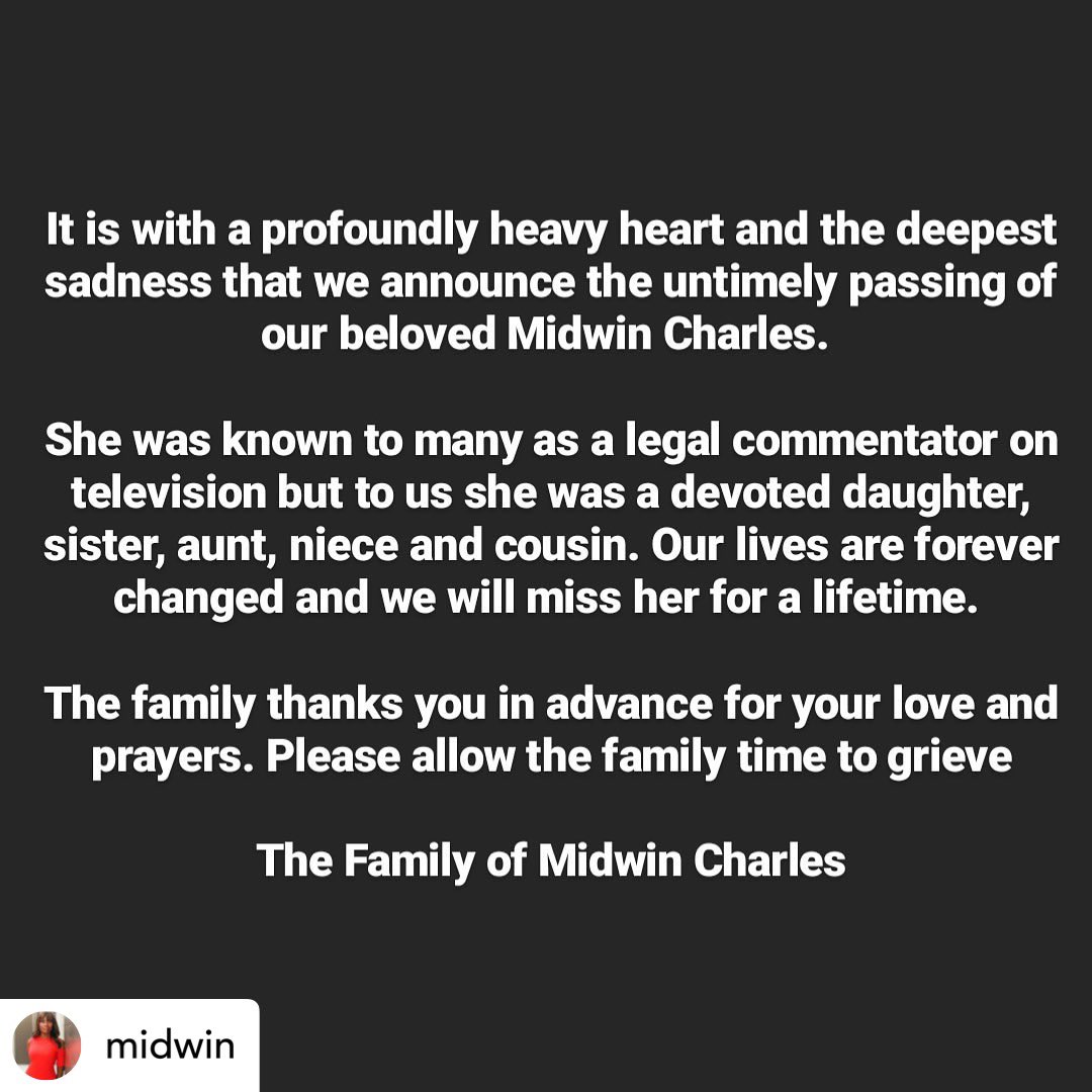 rolandsmartin's tweet photo. I'm shocked and stunned to learn of the death today on legal analyst @MidwinCharles. Midwin was a brilliant sister. A top notch legal mind. And a sweet woman. We are all saddened by this news. She was just 47 years old. https://t.co/XinxOF2XjQ