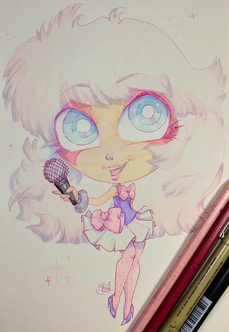 Jintastical's tweet photo. Totally outrageous 🌟🌟 Chosen by my Patreon poll; theme of the week is Jem 
#fanart #Illustration #ArtistOnTwitter #AnimeArt #pinkhair #80s #jem #characterdesign #chibiart #blackartist https://t.co/47rsnlOBMH