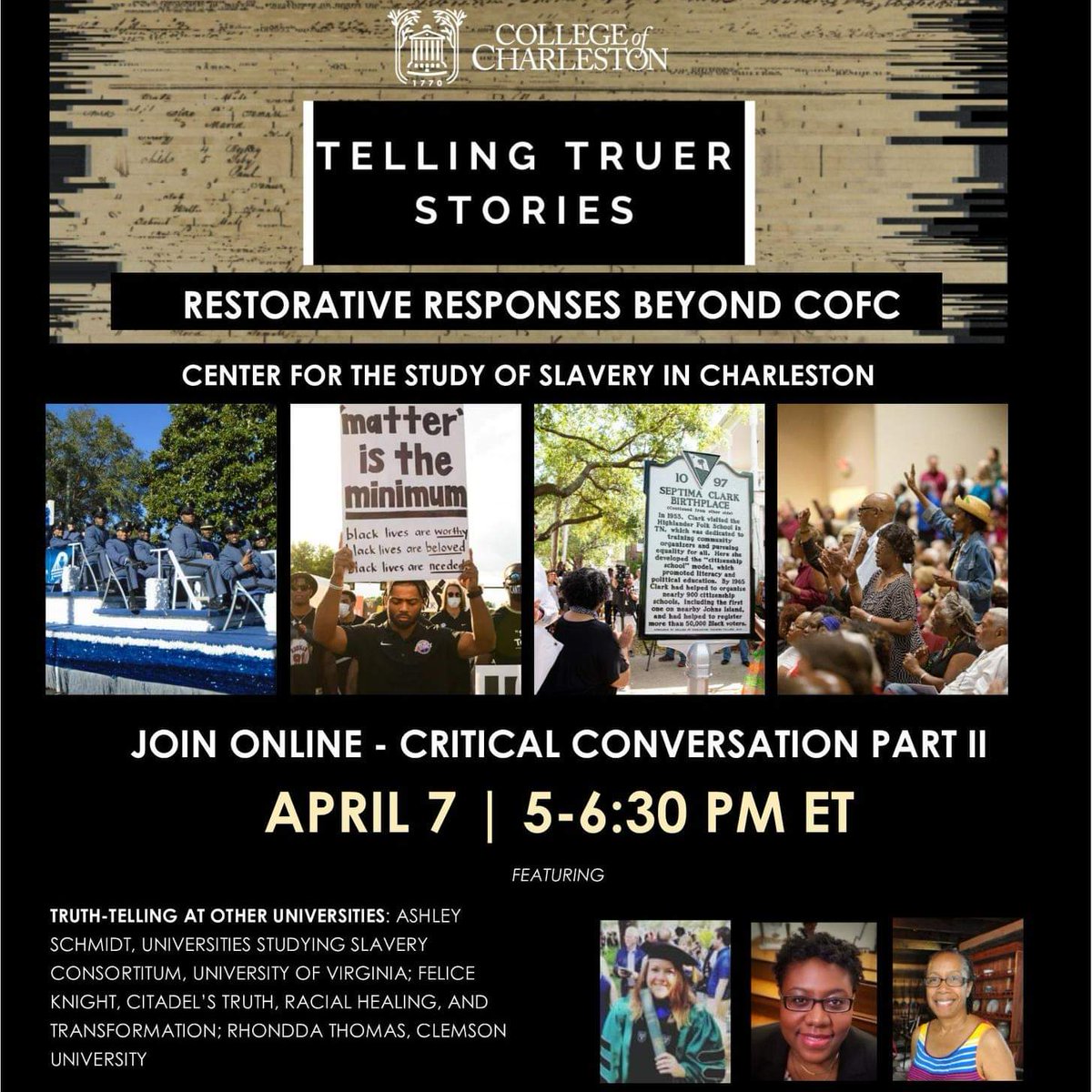 CSSCharleston's tweet image. Join us tomorrow from 5-6:30pm for the second part of our Critical Conversations, “Restorative Responses Beyond CofC”