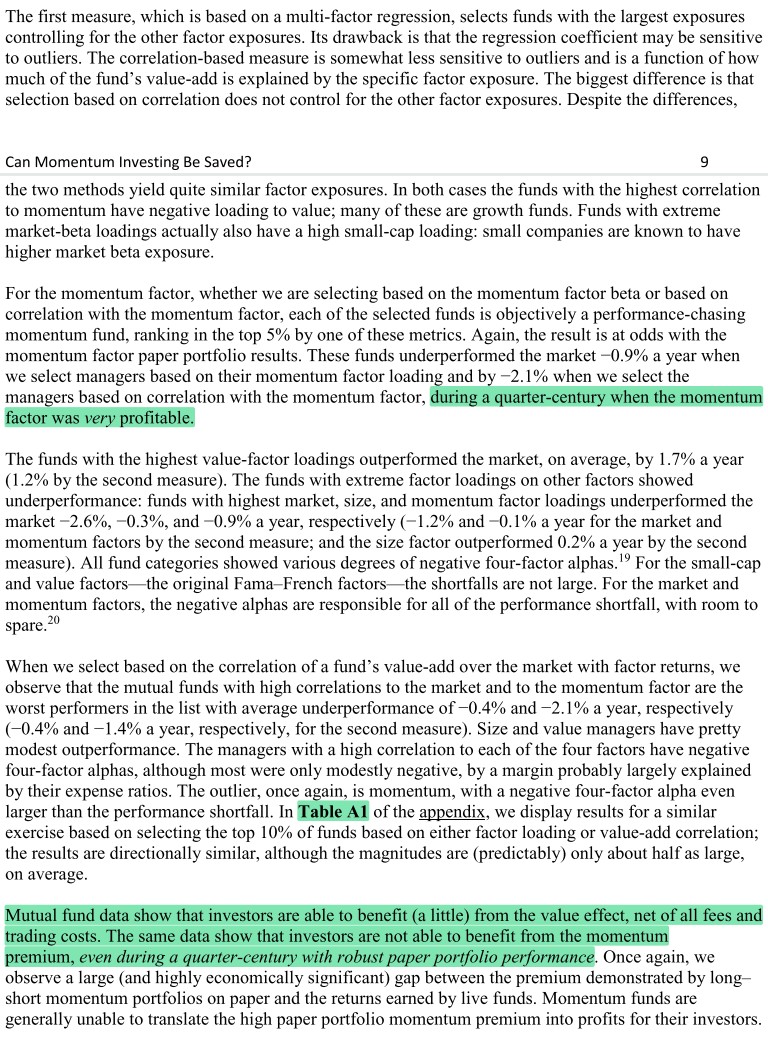 5/ "Mutual fund data show that investors are able to benefit (a little) from the value effect, net of all fees and trading costs."The same data show that investors are not able to benefit from momentum, even during a quarter-century with robust paper momentum performance."