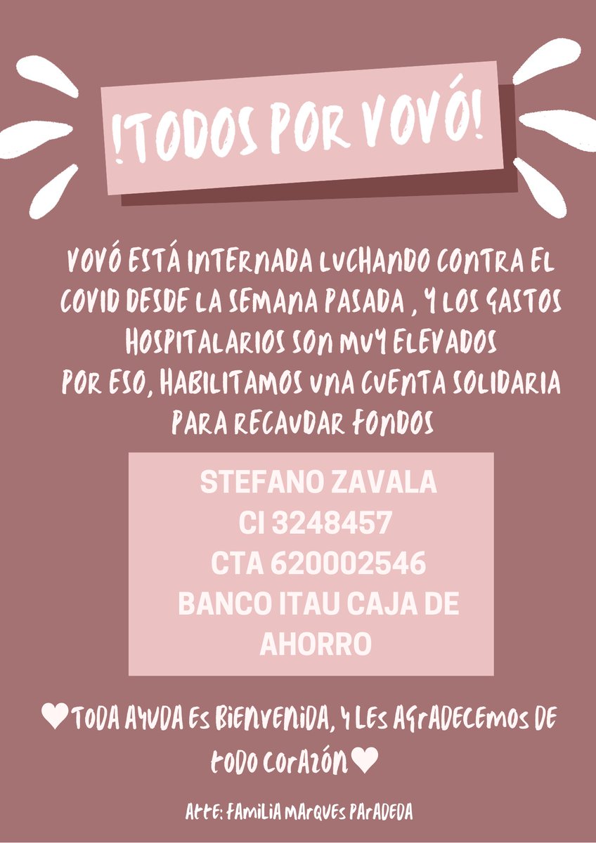 chiarabenitez's tweet photo. MI VOVÓ😭🙏🏼♥️(mi abuela) esta en Terapia luchando contra el Covid, los gastos hospitalarios son tan elevados que con mi familia ya no podemos cubrir. Apelamos a la solidaridad de uds para que Vovó siga luchando esta batalla😭🙏🏼😭🙏🏼😭🙏🏼 https://t.co/FCcycbrxF5