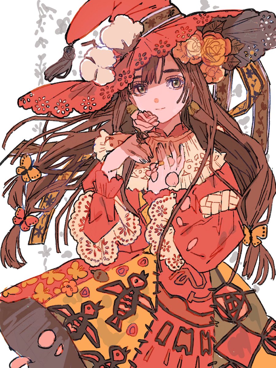 1girl solo flower hat long hair brown hair witch hat  illustration images