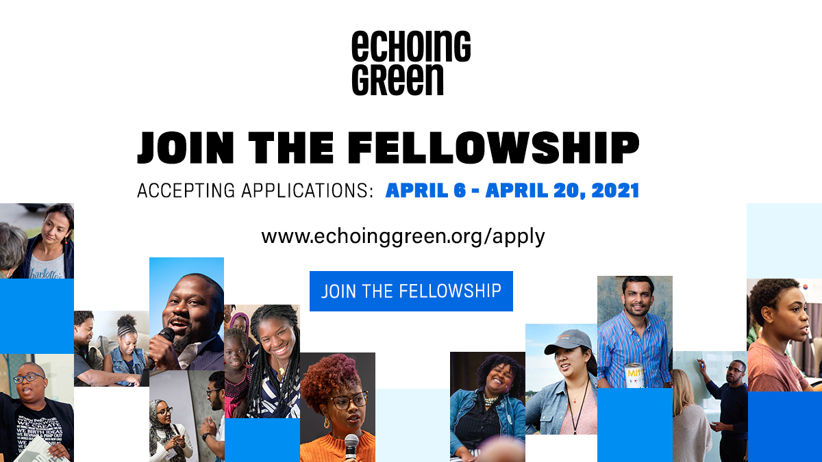 .<a href="/echoinggreen/">Echoing Green</a> is accepting applications for our 2021 Fellowship program—apply by April 20! We are looking for bold ideas from leaders committed to upending structural oppression &amp; creating change in their communities so that all people can thrive. bit.ly/3soe8oQ