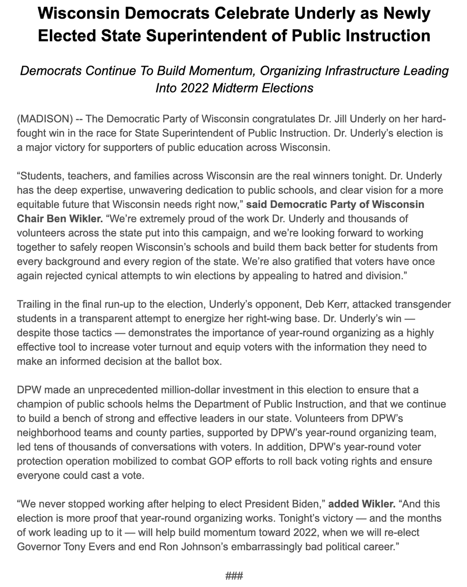 Official <a href="/WisDems/">Wisconsin Democrats</a> statement on Jill Underly's progressive victory in the first statewide election in America since Joe Biden became president.