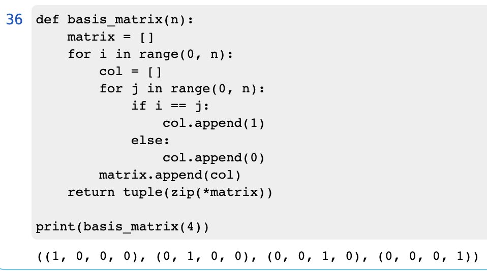 davidkanen's tweet photo. Fumbling along learning linear algebra with python. I didn't think I'd figure out how to make an n dimensional basis matrix without peaking at the answer. But I did it! 🎉The answer uses list comprehensions but I still love mine. https://t.co/6hwKsP8LiO