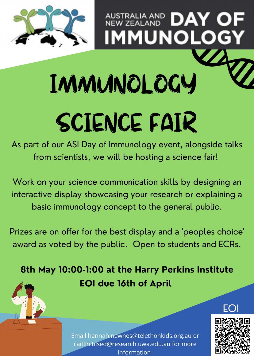 caitlintilsed's tweet image. Want to work on your #scicomm skills? Be a part of the WA #DayofImmunology Science Fair! Make an interactive display showcasing your research or explaining a basic immunology concept to the public 🧬      tinyurl.com/eh72udys @ASImmunology