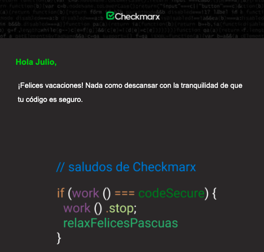 jchernandez88's tweet image. Muy bien @Checkmarx a todos nos gusta estar seguros en nuestros días de descanso
#codeSecure
#holidays