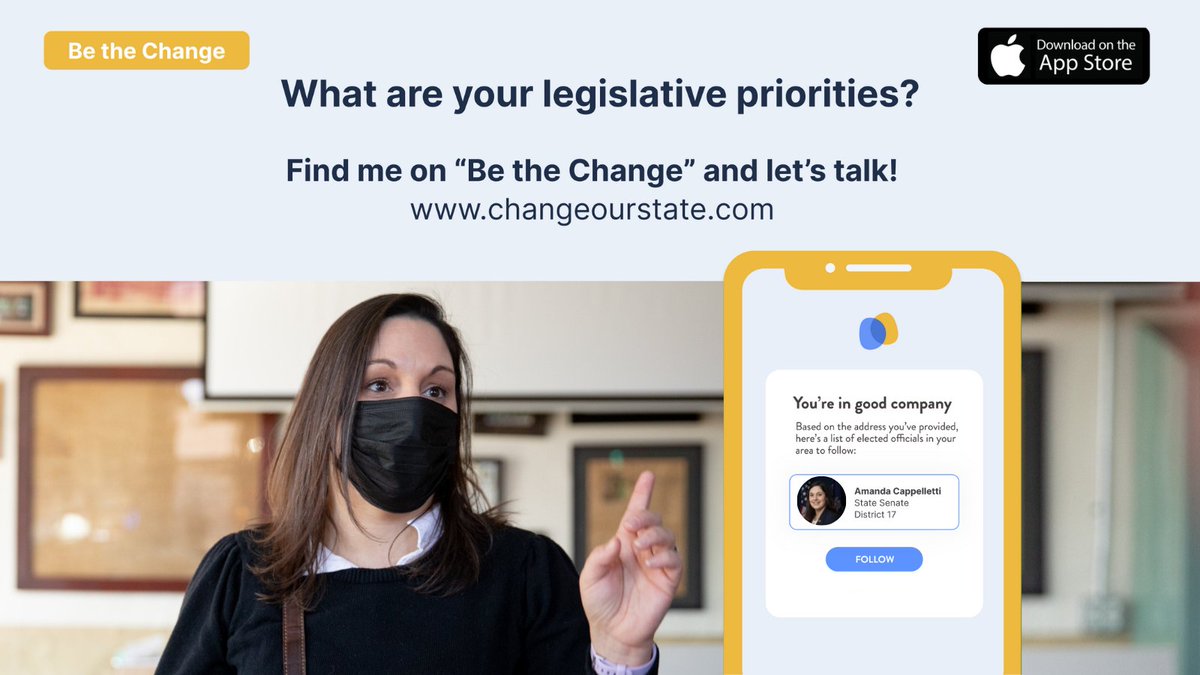 SenCappelletti's tweet image. Join my office on Be the Change! On the platform, you can quickly share details on legislation, public transit, COVID-19 + more. Then, get a reply from your legislator, see Community Causes.

@beamdata is free on the Apple Store or visit changeourstate.com today!