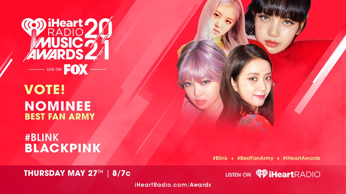 iHeartRadio's tweet photo. ❤️ @BLACKPINK ❤️

Vote using these hashtags: #BLINK #BestFanArmy #iHeartAwards https://t.co/nPn7UbB9ss