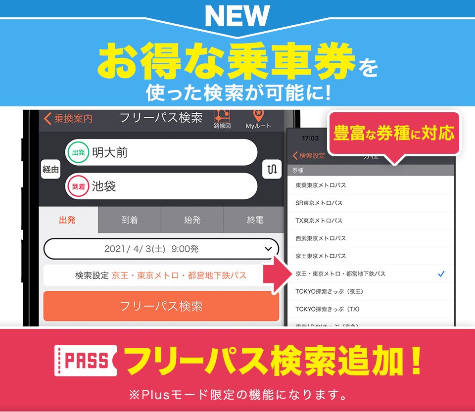 ジョルダン乗換案内 公式 ジョルダン 乗換案内 アプリに フリーパス検索 モードが新登場 券種を指定して検索すると そのフリーパスで利用できる交通機関に限定した経路を表示します 東京メトロ24時間券 や 大阪周遊パス など全42券種に