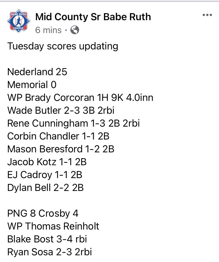 <a href="/BigNedBaseball/">Nederland Baseball</a> 25 Mem 0
WP <a href="/BradyLCorcoran/">Brady Corcoran</a> 
<a href="/PNG_baseball/">PNGBaseball</a> 8 Crosby 2
WP <a href="/ThomasReinholt_/">Thomas</a> 
<a href="/wadebutler4/">wade butler</a> @Rene_cunn6 <a href="/corbinchandler6/">©️²</a> <a href="/BeresfordMason/">mason beresford</a> <a href="/KotzJacob/">Jacob Kotz</a> <a href="/ejcadroy/">Ej Cadroy</a> <a href="/_dylandbell/">Dylan Bell</a> <a href="/BlakeBost1/">Blake Bost</a> <a href="/RyanSosa_17/">Ryan</a> 

facebook.com/21683095201487…