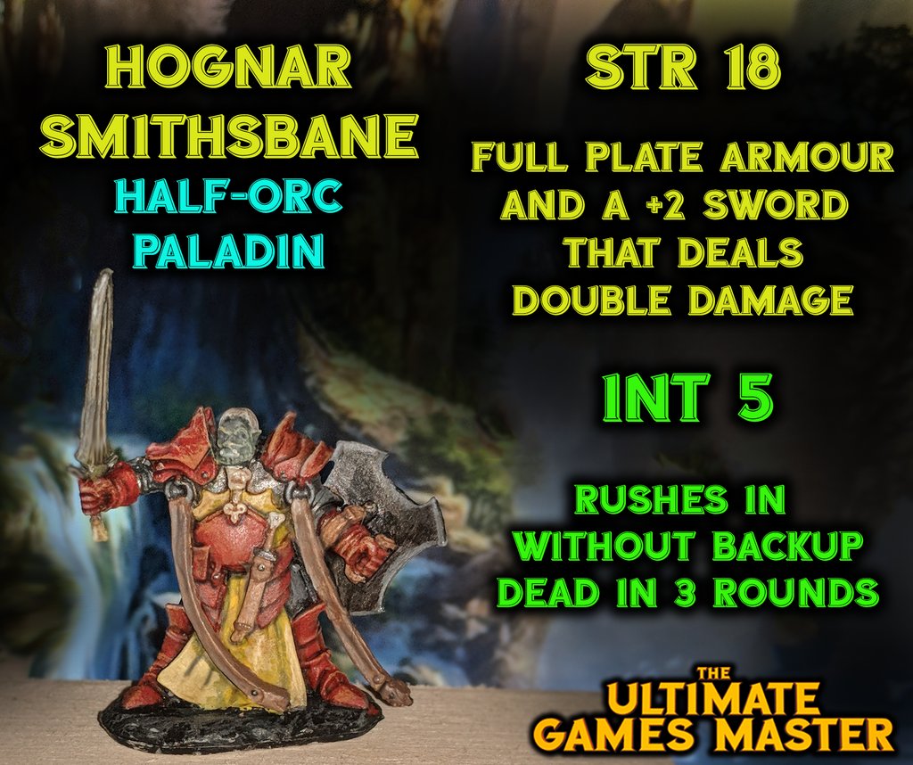 TheUltimateGM's tweet photo. The perils of a dump stat.. His Warhorse is smarter than he is.. Also has -1 and disadvantage on stealth. On the upside, he is such fun to play and what he doth #Smite stays good and Smitten #DnD #TheUGM #dumpstat #reaperbones #reapermini #tpk @reapermini https://t.co/9dNn32Ay86