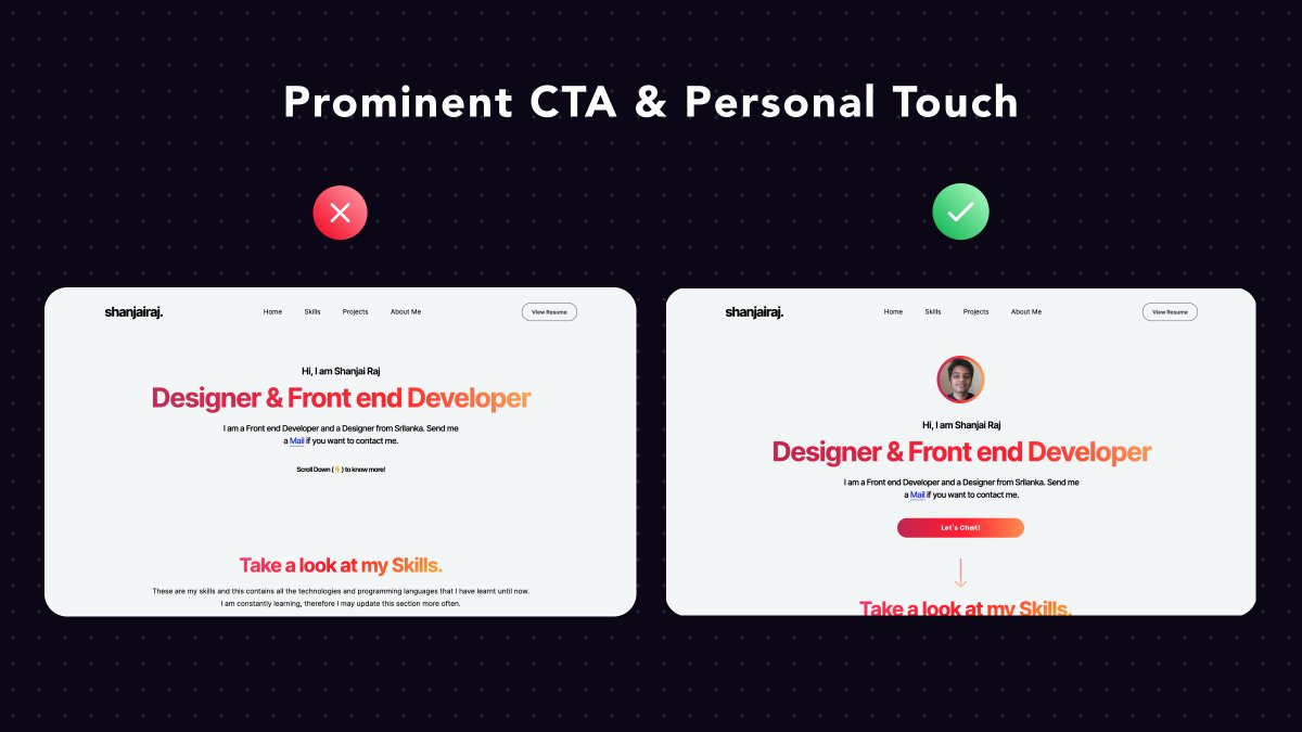 Dev Portfolio by the hacker  @shanjai_raj 1. Add your photo. It helps potential clients connect your work with your real face and adds a personal touch2. Have a prominent CTA to help clients contact you immediately.