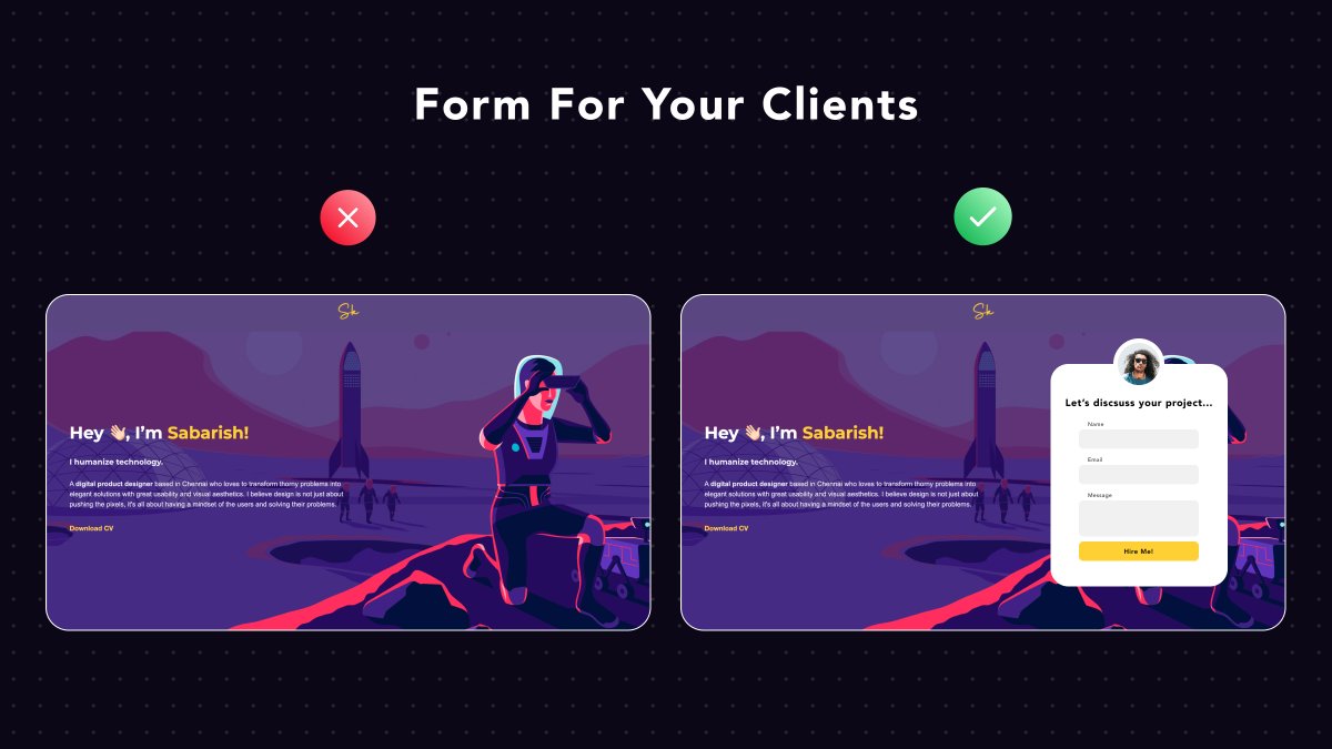 Product design portfolio by  @sabarishkanna The purpose of a digital portfolio is to attract clientsYour #1 goal is to make it easy for potential clients to show their interestSo, a form to collect their interest is always a must-have element on your portfolio page