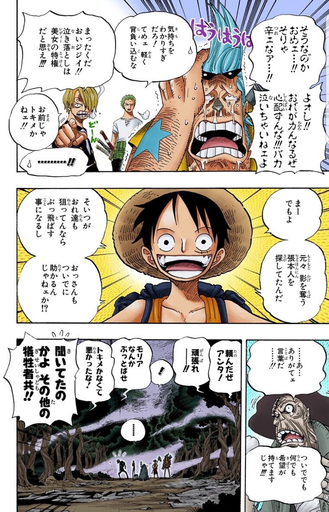 解放の戦士ハル麦 今日のone Piece 再び埋めなおされるゾンビ達 ルフィとゾンビの問答ふざけてるのか真面目なのか ここ地味に好き そして でましたね急に七武海 ゲッコー モリア 最後にルフィの笑顔 この言葉で被害者の会一同希望が持てまし