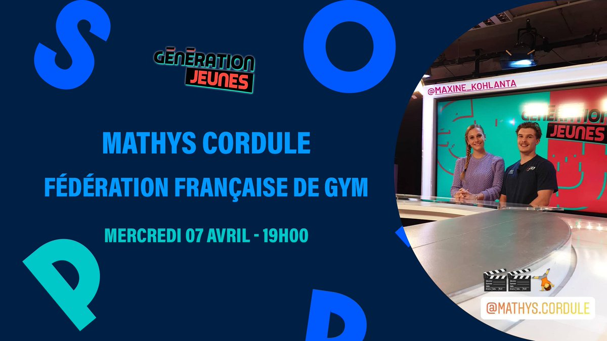🌟🤸Ce soir dans Génération Jeunes <a href="/eouzan_maxine/">Maxine Eouzan 🤸‍♀️💧🏅✈️☀️🍪</a>  reçoit le gymnaste Mathys Cordule !

👉Objectif <a href="/Paris2024/">Paris 2024</a> pour ce jeune membre de l'équipe de France !
⏰💪 Pour découvrir cet espoir, RDV ce mercredi à 19H sur Sport en France !

<a href="/FranceOlympique/">FranceOlympique</a> @INSEP_PARIS <a href="/ffgymnastique/">Fédération Française de Gymnastique</a>