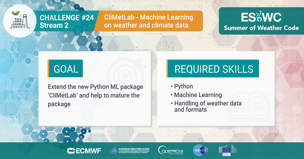 ECMWFCode4Earth's tweet photo. #ESoWC2021 Stream 2 #Challenge #24
➡️Extend the new #Python #MachineLearning package "#CliMetLab" and help to #mature the #package
All information on #GitHub👉https://t.co/Qh5Xkg3L0n
@ECMWF @CopernicusECMWF
#Weather #Data #Formats #NumPy, #Pandas, #Xarray, #SciPy, #Matplotlib https://t.co/I78PlIJfKC