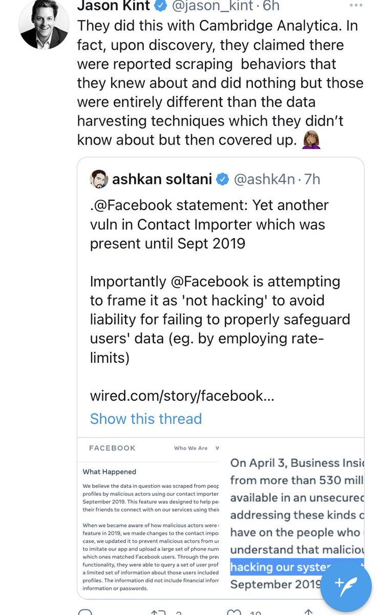 Facebook failed to keep safe the data of half a billion people. But this isn’t a data breach, it’s ‘scraping’. Which is *exactly* how Facebook responded to me &  @_EmmaGH in 2018.That wasn’t a data breach either. Until it was.2/