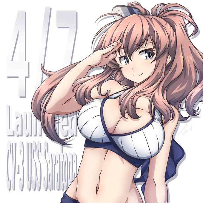 本日進水日のサラっちさんを描きましたヽ(*'ω`*)ノ
一足(二足も?)先に水着を着てもらってみたり...
#サラトガ
#サラトガ進水日 
#艦これ 