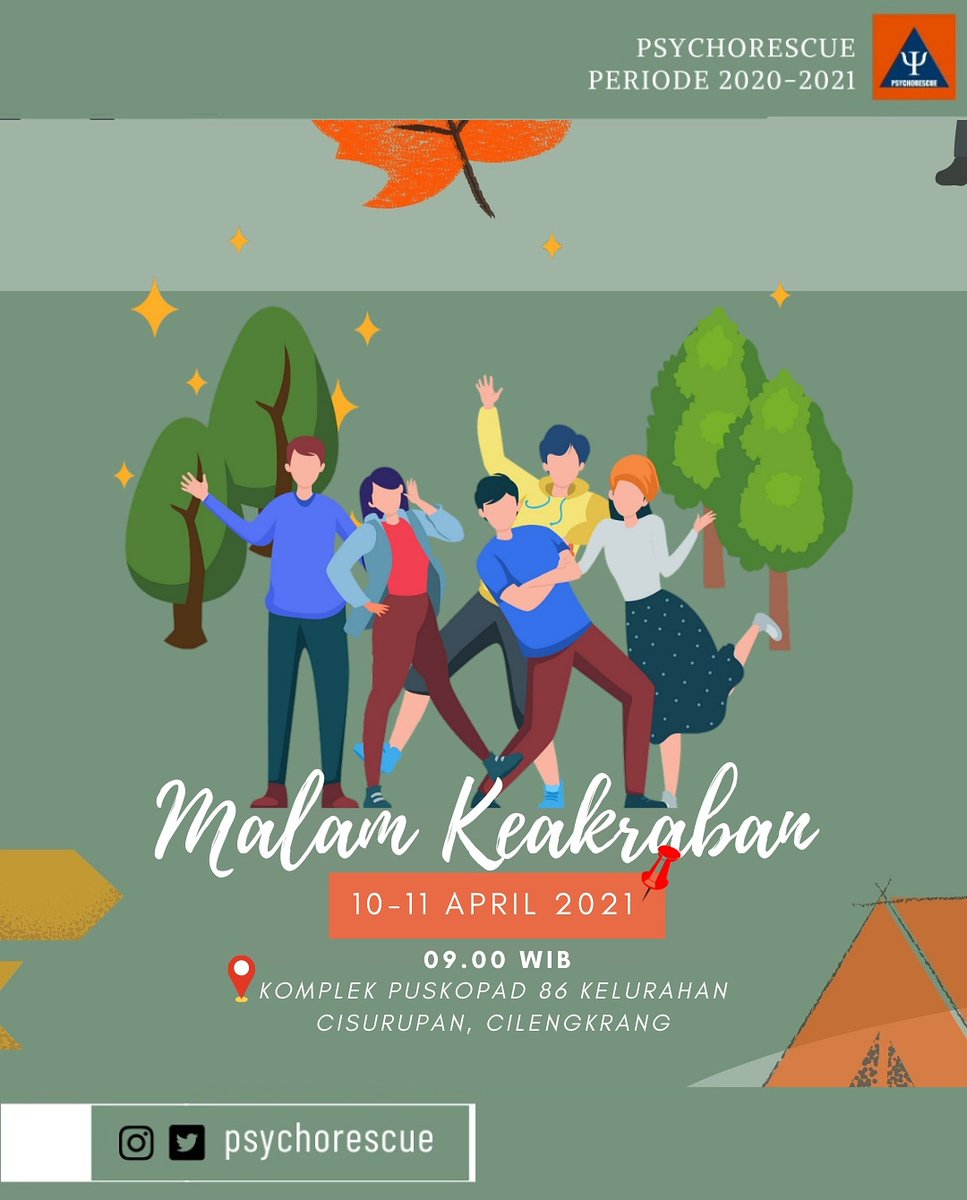 [MAKRAB]
Hello! Kami Psychorescue akan mengadakan kegiatan yang super duper WOW dalam waktu dekat ini loh
Tema : "Together We Share Happiness"
📆Date : 10-11 April 2021
⏰ Time : 09.00 WIB
📍Location : Komplek Puskopad 86 Kelurahan Cisurupan Cilengkrang
Cp : 087843231459 (sidiq)