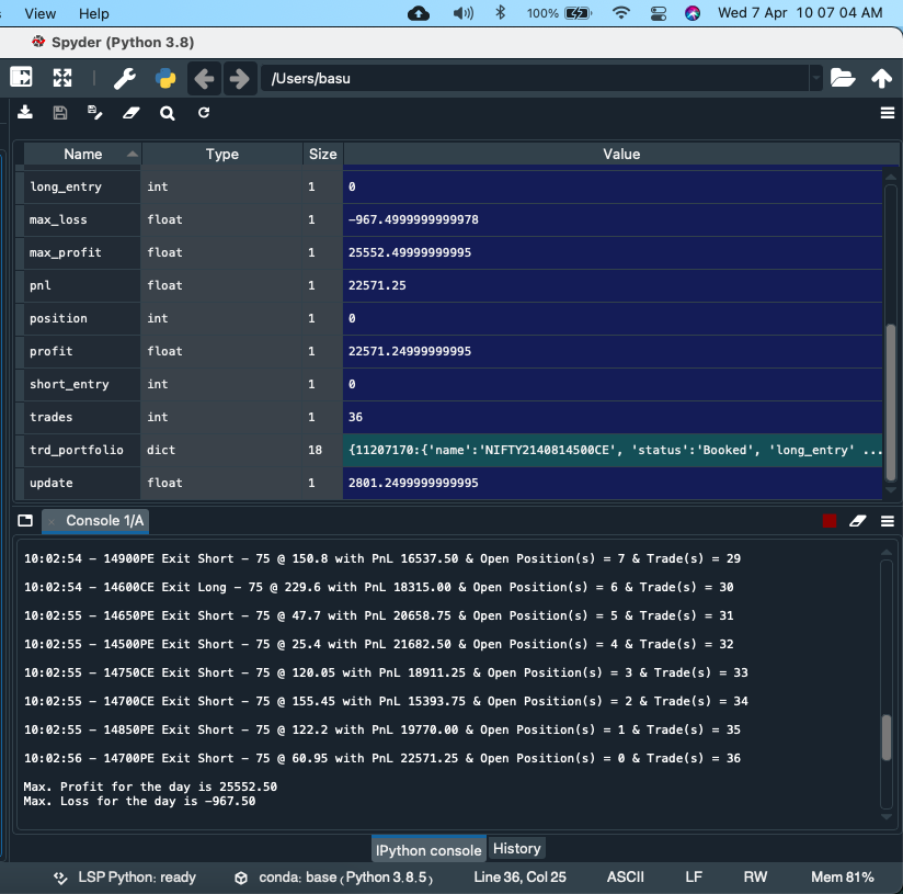 tiwaribasu's tweet photo. Just another day for the system.
#algotrading #algorithms #python #spyder #trading #intraday #nifty #banknifty #options #nse #bse #coding #sensex #india #derivatives #algo #strategy #risk #reward #profit #winning #wealth #realtrend #realtrendcapital https://t.co/D0hXJebKUt