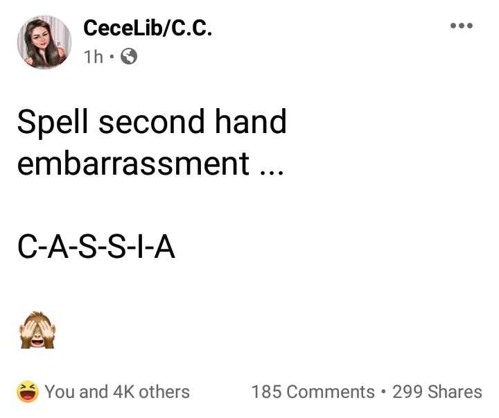 teamcecelib's tweet photo. #CeCeUpdate 
"Spell second hand embarrassment ... C-A-S-S-I-A 🙈"

#CeCeLib #PS23Chapter14 @CeCeLib_CC 
Follow her page👇
https://t.co/BU4ethvnFy https://t.co/wcChdf57ww
