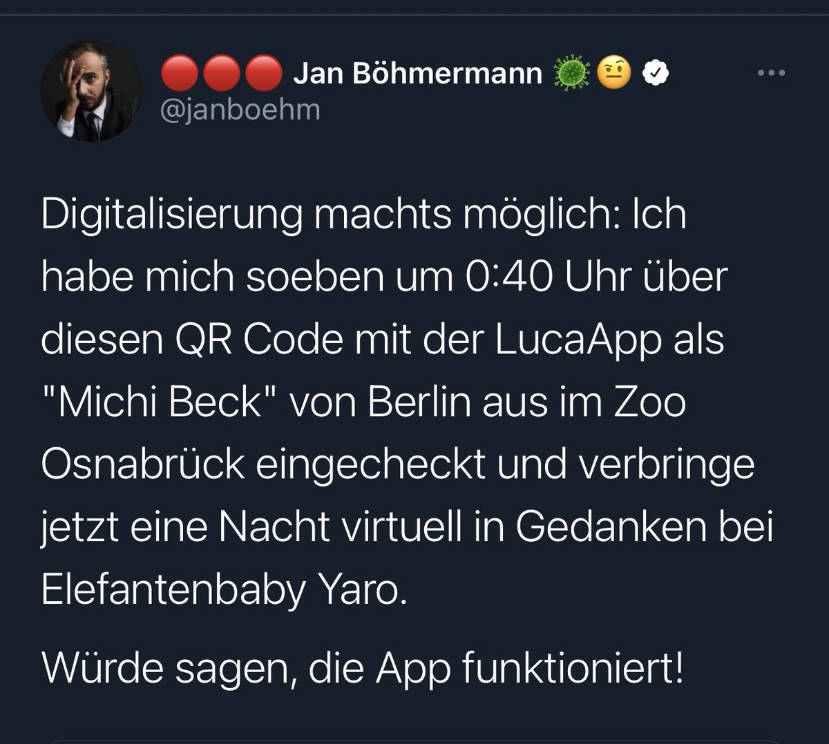  #LucaFail in 3 Akten:1) Zoo Osnabrück mit nur 1 Luca Code am Eingang für >20 Hektar (Foto im Netz)2)  @janboehm checkt mit dem Foto nachts vom Berliner Sofa im Osnbr Zoo ein3) 110 weitere Menschen checken sich nachts im Zoo Osnbr. ein ( @Street_Dogg programmiert Zähltool) /1