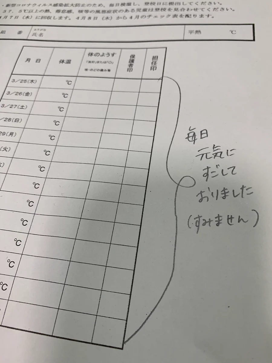 春休み中の子供の体温の記載をしていなかった！これでなんとか乗り切れる！？ｗｗ