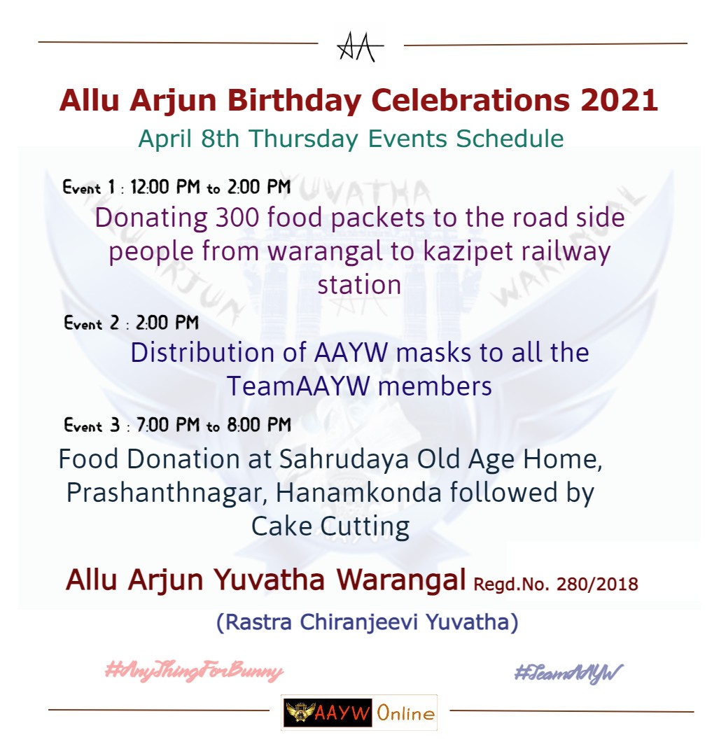 AAFA_Warangal's tweet photo. Our Team Schedule 2021 
     #STYLISHSTAR @alluarjun 38th birthday celebrations from #Warangal

..Each and everyone should participate with safety precautions and make the celebrations success! ! 🎆🙏
#Pushpa
PUSHPARAJ INTRO TODAY 

#TeamAAYW @AAYWOnline @ratankmr6 @SKNonline https://t.co/zmqRjf37ma