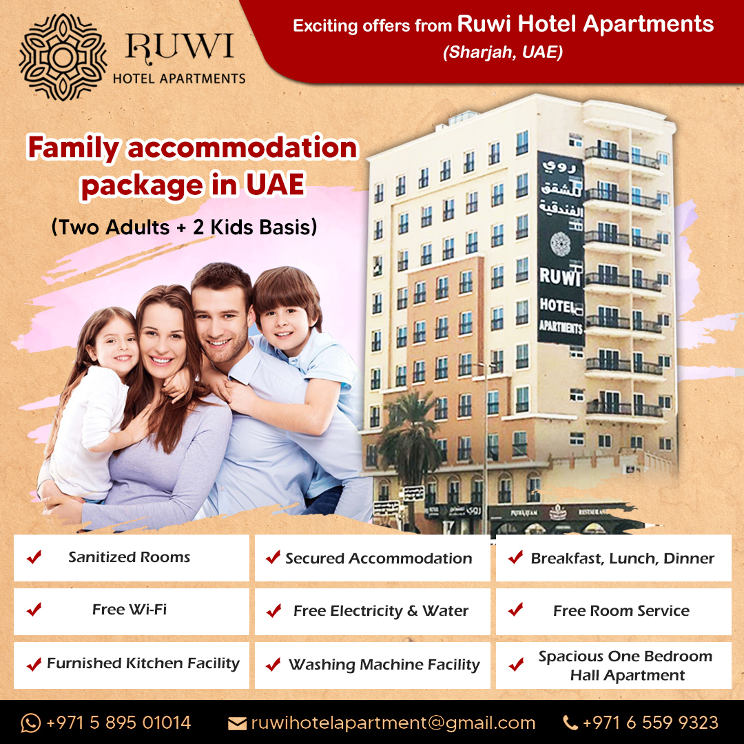 𝐄𝐱𝐜𝐢𝐭𝐢𝐧𝐠 𝐨𝐟𝐟𝐞𝐫𝐬 𝐟𝐫𝐨𝐦 𝐑𝐮𝐰𝐢 𝐇𝐨𝐭𝐞𝐥 𝐀𝐩𝐚𝐫𝐭𝐦𝐞𝐧𝐭𝐬 📢
🏨 Family Accommodation Package in UAE
Two Adults + 2 kid basis 👨‍👩‍👧‍👦
📱 +971 58 950 1014 | ☎️ +971 65 599 323 

#ruwihotel #rooms #room #roomservice #modernroom #roomdesign #hotel #hotelrooms