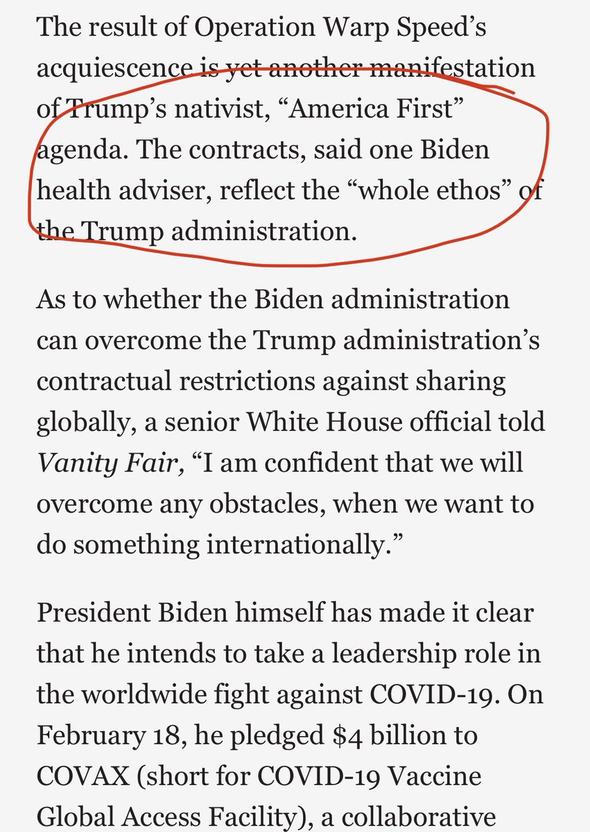 17) “The result of Operation Warp Speed’s acquiescence is yet another manifestation of Trump’s nativist, “America First” agenda. The contracts, said one Biden health adviser, reflect the “whole ethos” of the Trump administration.” “America first” basically = let others die.