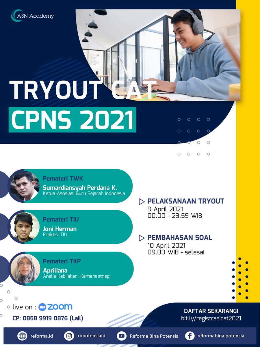 rbpotensiaid1's tweet photo. Sudah daftar? hari ini hari terakhir daftar TRYOUT CAT CPNS di ASN Academy
Daftar: https://t.co/ihgxaV2TTx
setiap materi akan dibahas oleh pemateri yang ahli dalam bidangnya & mempunyai jam terbang yang ga perlu diragukan lagi, sampai ketemu besok๐
#cpns #cpns2021 #tryoutcat https://t.co/ukloxqeVwK