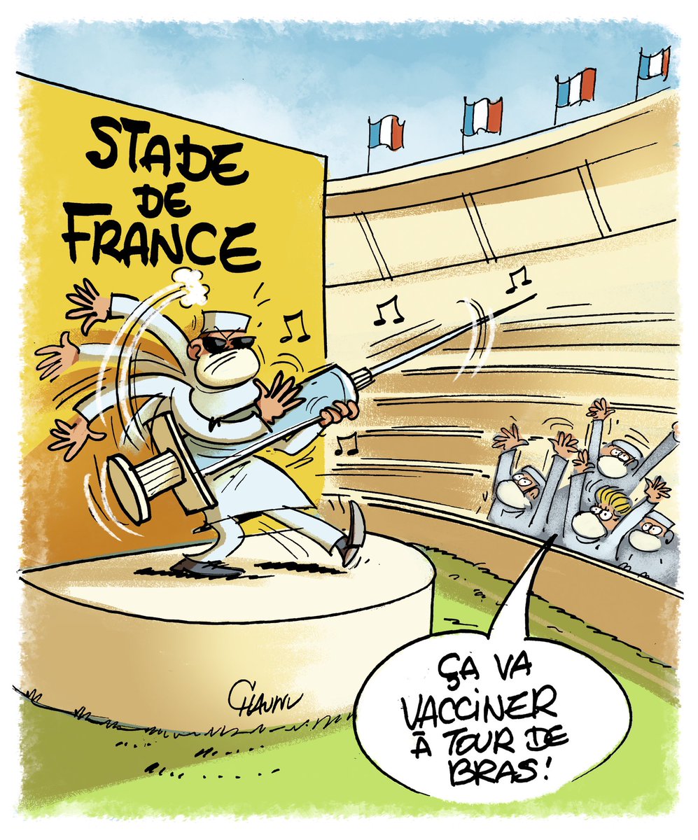 EmmanuelChaunu's tweet photo. Mon #dessin publié aujourd’hui dans @ouestfrance et @UnionArdennais #vaccination #covid_19 #stadedefrance #actualités #dessindepresse https://t.co/oL621TZ0N6