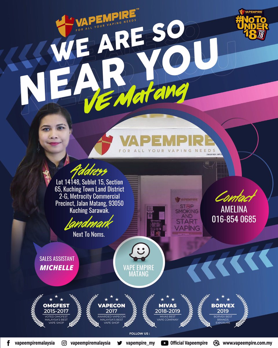Vempire_my's tweet image. 📍WE ARE SO NEAR YOU📍

‼️VE MATANG‼️

This week, we would like to HIGHLIGHTS Vape Empire Matang for you! 

It locates at Metrocity Commercial Precinct! 

AMELINA - 016-854 0685

Look out for the next area of Vape Empire outlets! 

#vapempiremy #wearesonearyou #matang #sarawak
