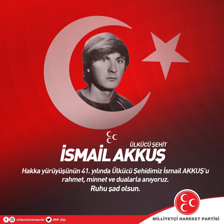 Hakka yürüyüşünün 41. yılında Ülkücü Şehidimiz İsmail AKKUŞ'u rahmet, minnet ve dualarla anıyoruz.
Ruhu şad olsun.
