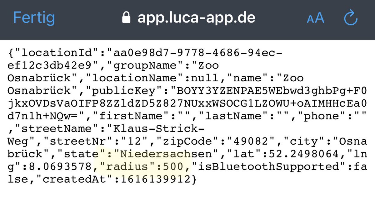 Die Frage hat  @frank_grimm beantwortet: Der Zoo Osnabrück hat seine Adresse (vermutl. Haupteingang) als Messpunkt für das automatische Checkout, mit Radius 500m. Allerdings ist das Gelände viel größer, siehe Karte. Link zum  #LucaApp Eintrag Zoo Osnbr:  https://app.luca-app.de/api/v3/locations/aa0e98d7-9778-4686-94ec-ef12c3db42e9 /12