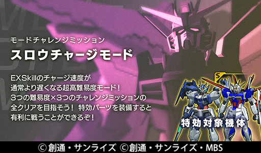 ガンダムブレイカーモバイル 公式 On Twitter 2週連続 モードチャレンジミッション 開催中 異なるモードのミッションに挑戦し チャレンジ報酬のハロチップなどをゲットしよう 第2週目 スロウチャージモードは Exskillのチャージ速度が通常より遅くなる
