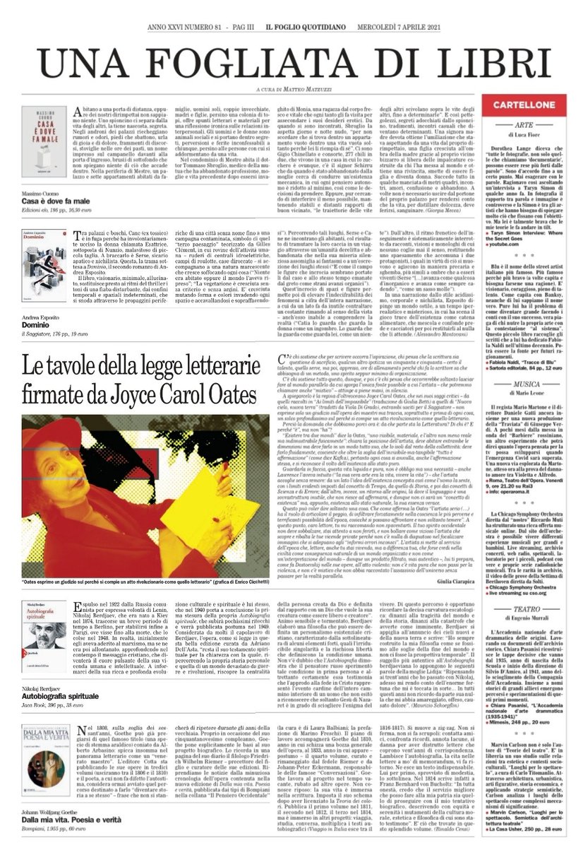 Su <a href="/ilfoglio_it/">Il Foglio</a> analizzo la posizione di Joyce Carol Oates su Letteratura e dintorni: chi è lo scrittore e cosa fa? Quale dimensione abita? E perché fa quel che fa? Risposte impeccabili per questioni impossibili, in cui l'aldilà visionario diventa portavoce dell'esistenza pura.