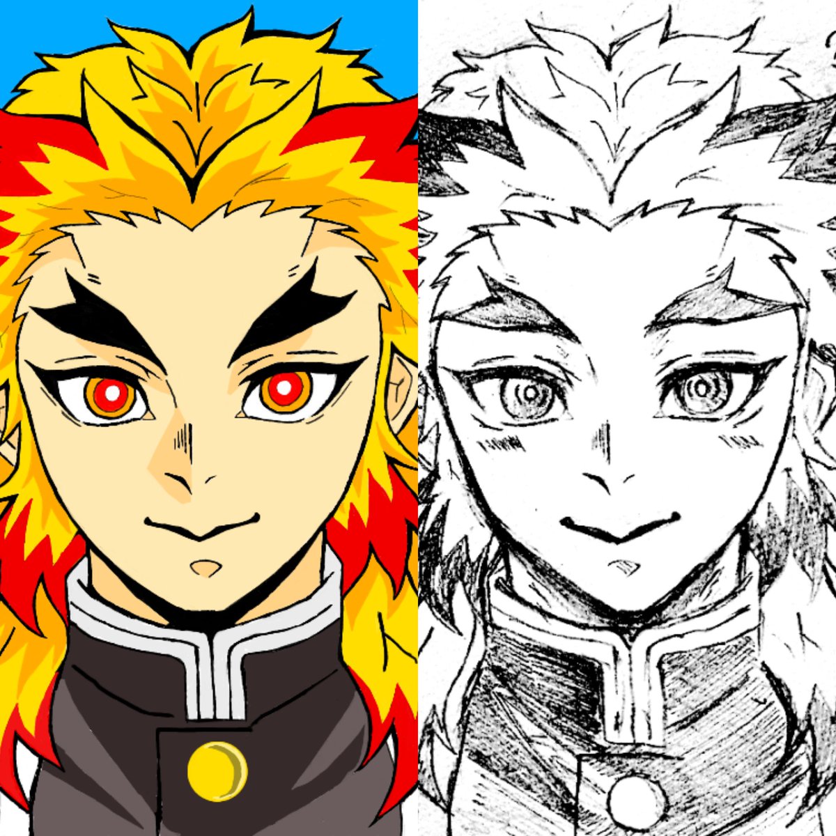 アシュ 前に描いた煉獄さんちょっと違ったような気がして手直しをちょこっとして 元となった原画とともに供養しておく 半年前まで棒人間しか書けませんでした 笑 鬼滅の刃イラスト