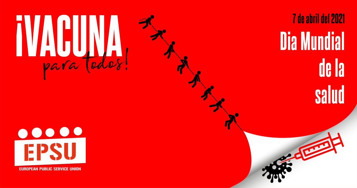 ➡️ Hoy día mundial de la #Salud #HealthForAll creemos más que nunca en la necesidad de #LiberarPatentes para asegurar el acceso universal a #VacunasParaTodas.

🔗 Os animamos a compartir la campaña de <a href="/EPSUnions/">EPSU</a> y firmar #Right2Cure en la web:

📲 noprofitonpandemic.eu/es

👇👇👇