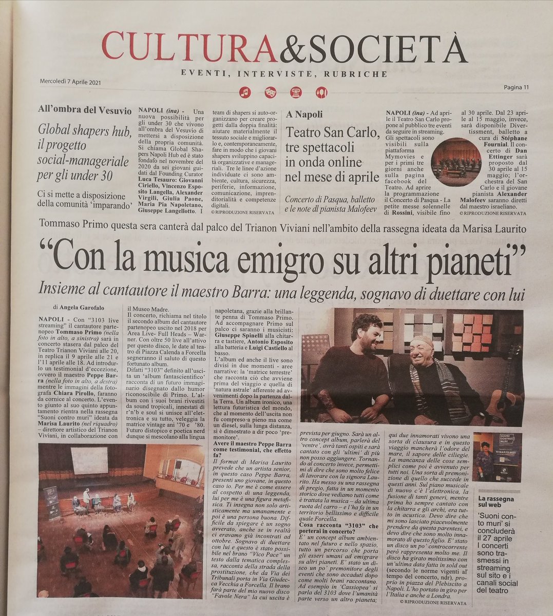 AngiGarofalo's tweet image. 🎤✍️ Con "3103 live streaming" stasera il concerto del cantautore partenopeo #TommasoPrimo al 🎭 @teatroTrianon. Ad introdurlo il maestro @PeppeBarra3 #Suonicontromuri  @marisalaurito @museomadre  #CronachediNapoli  #CronachediCaserta