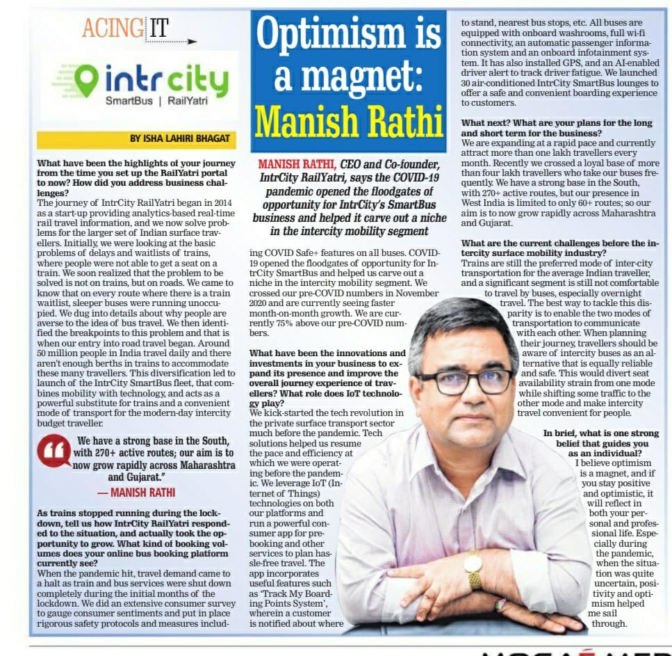 IntrCity SmartBus on X: In a conversation with @fpjindia our founder,  Manish Rathi talks about how IntrCity used technology and enforced digital  advancements in the Post-COVID era. #MoTech #Mobility #MobilityTechnology  #Travel #IntercityTravel #
