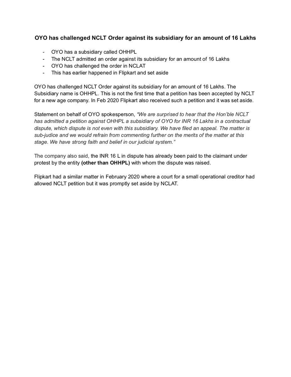 Ritesh Agarwal On Twitter There Is A Pdf And Text Message Circulating That Claims Oyo Has Filed For Bankruptcy This Is Absolutely Untrue And Inaccurate A Claimant Is Seeking Inr 16lakhs Usd