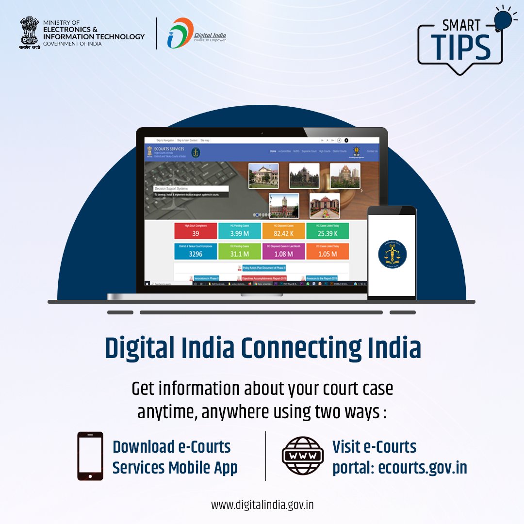 #SmartTips | e-Court service brings an ease to the user by providing efficient &amp; time bound citizen centric services delivery digitally, making the justice delivery system affordable, accessible and cost-effective.
  
e-Court Services is also available on <a href="/UmangOfficial_/">UMANG App India</a> App!